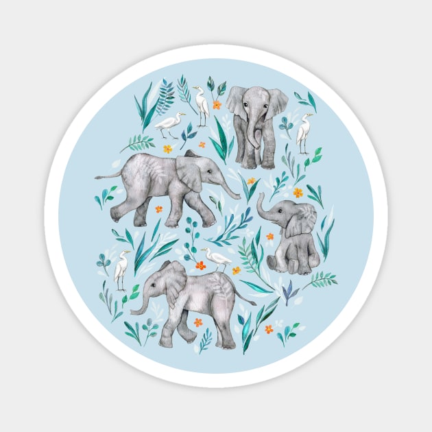 Baby Elephants and Egrets in Watercolor - egg shell blue Magnet by micklyn